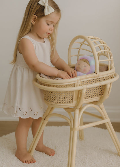 Lullaby Rattan Doll Bassinet with Stand – Handwoven Toy Cradle for Pretend Play