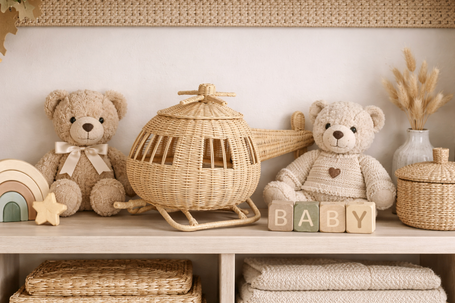 Decorative shelf with teddy bears, wicker basket, and 'BABY' blocks in a neutral setting.