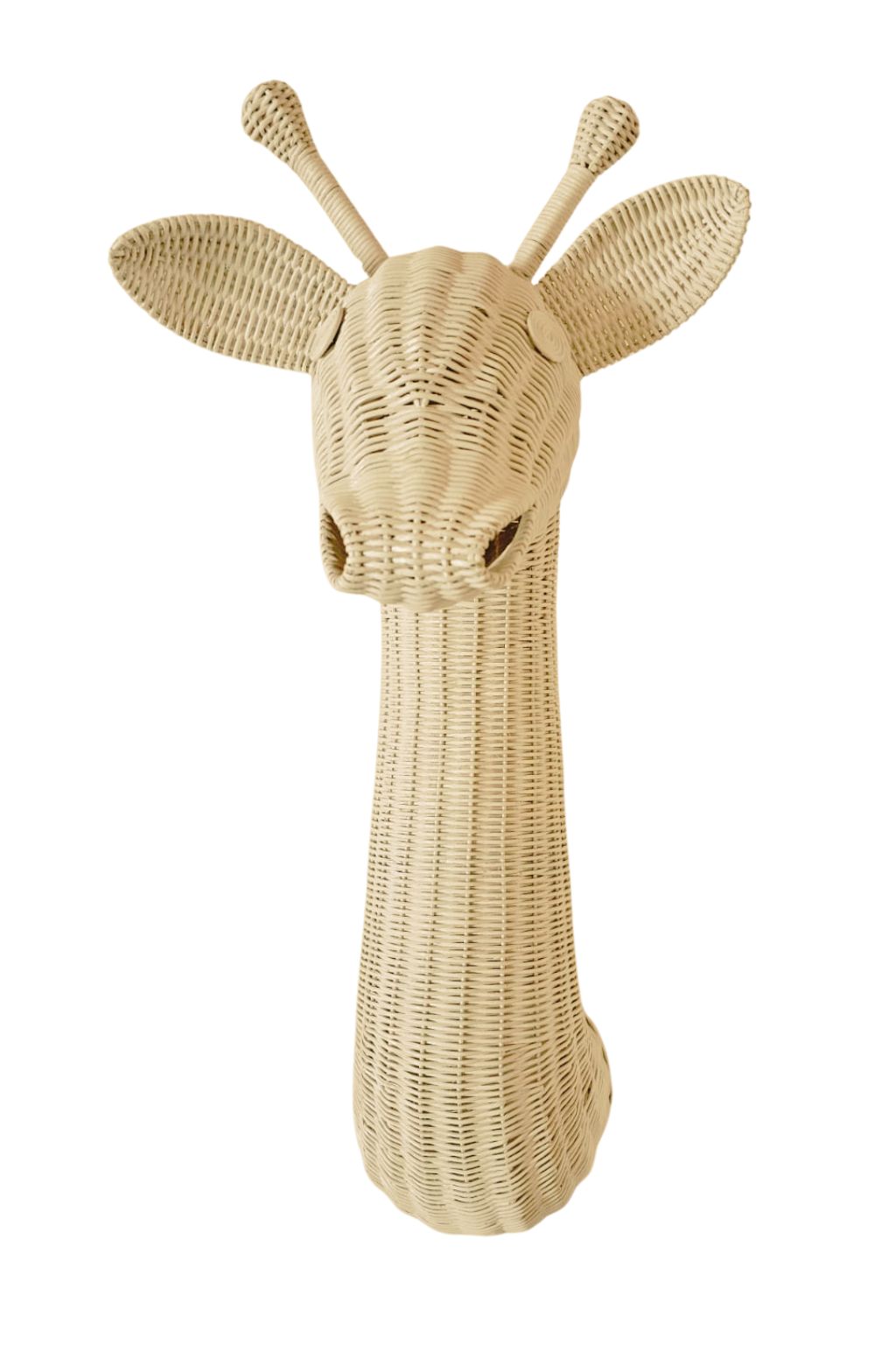 Wicker giraffe head wall decoration on a white background. Safari theme kids room