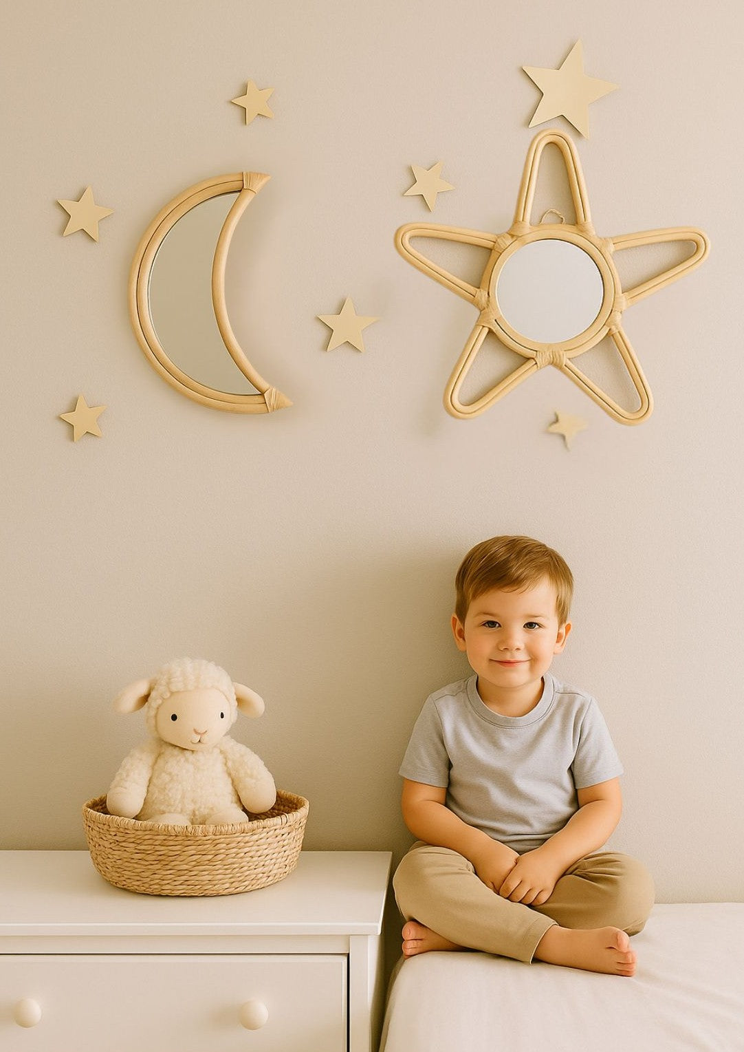 Rattan Star Wall Mirror – Boho & Space Kids Room Decor - Celestial