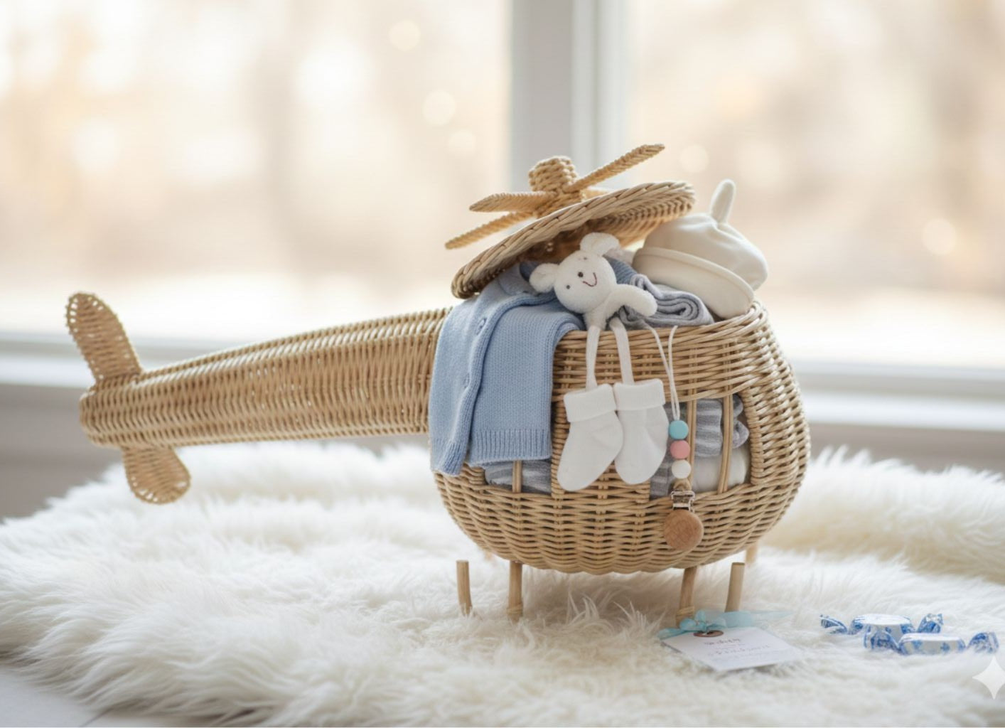 Wicker toy airplane with baby clothes and toys inside. Ideals for a baby shower gift for those having a boy