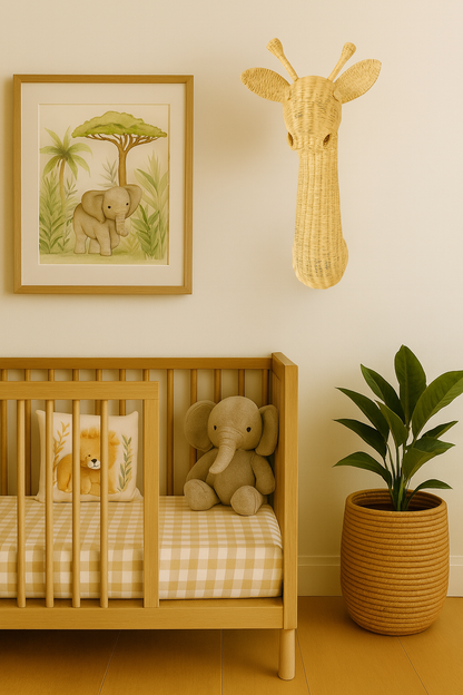 Nursery room with wooden crib, stuffed elephant, framed picture of elephants, and giraffe head decoration. Cute baby animals. Baby room. 