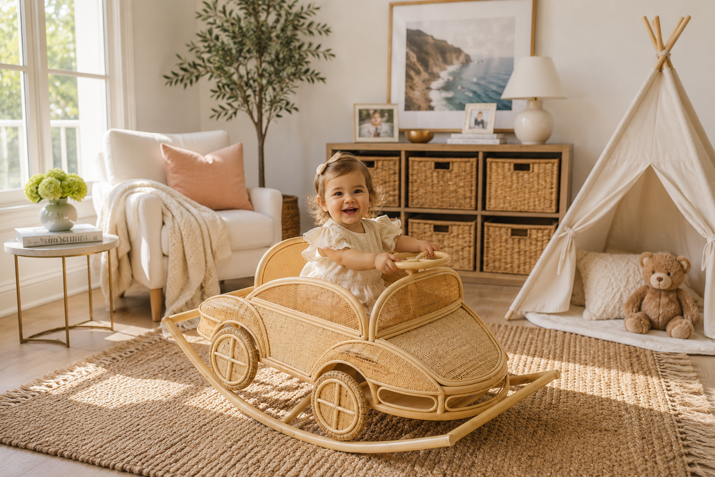 Child playing with a wooden toy car in a cozy room with a teepee and teddy bear.