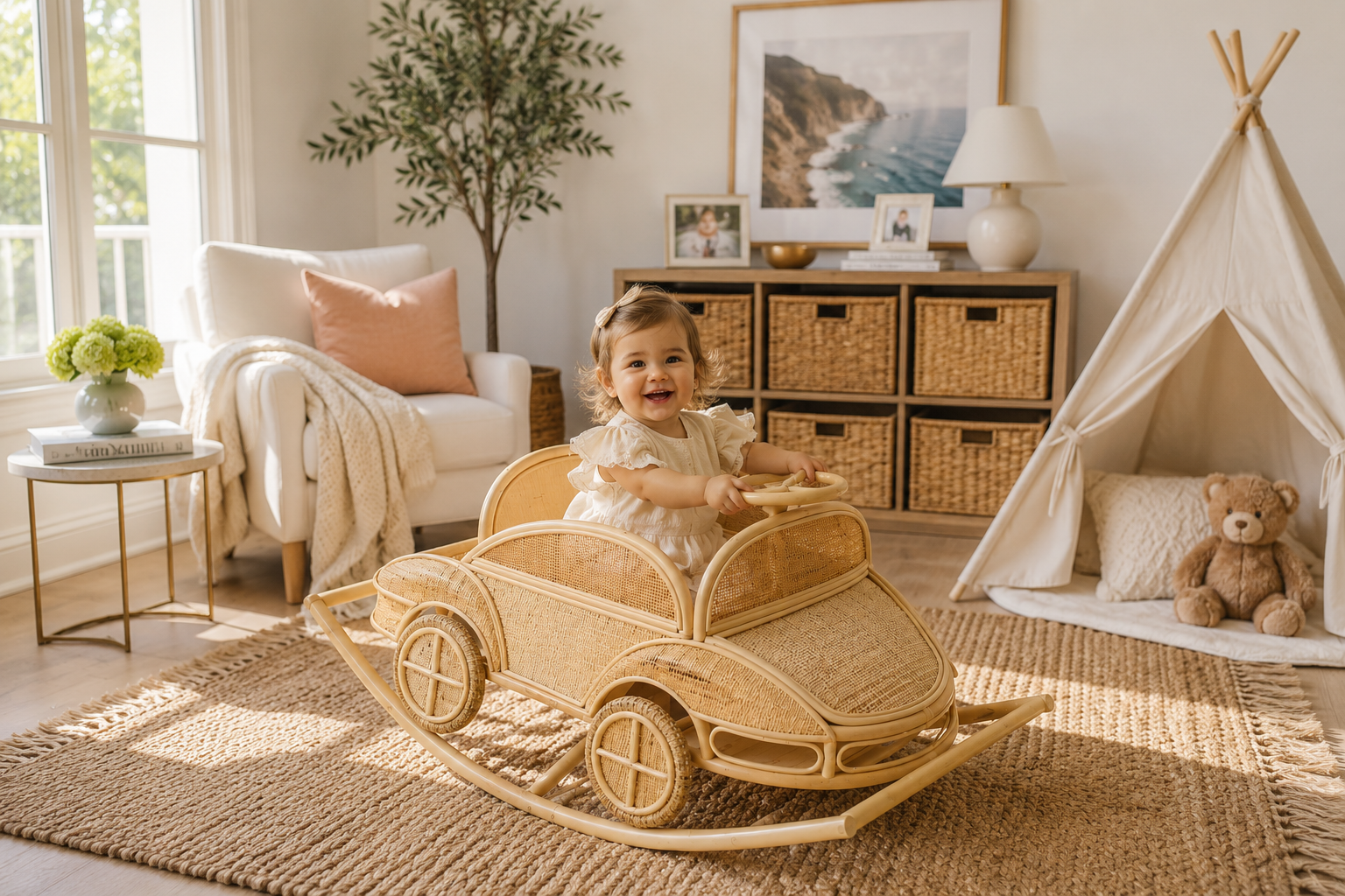 Child playing with a wooden toy car in a cozy room with a teepee and teddy bear.