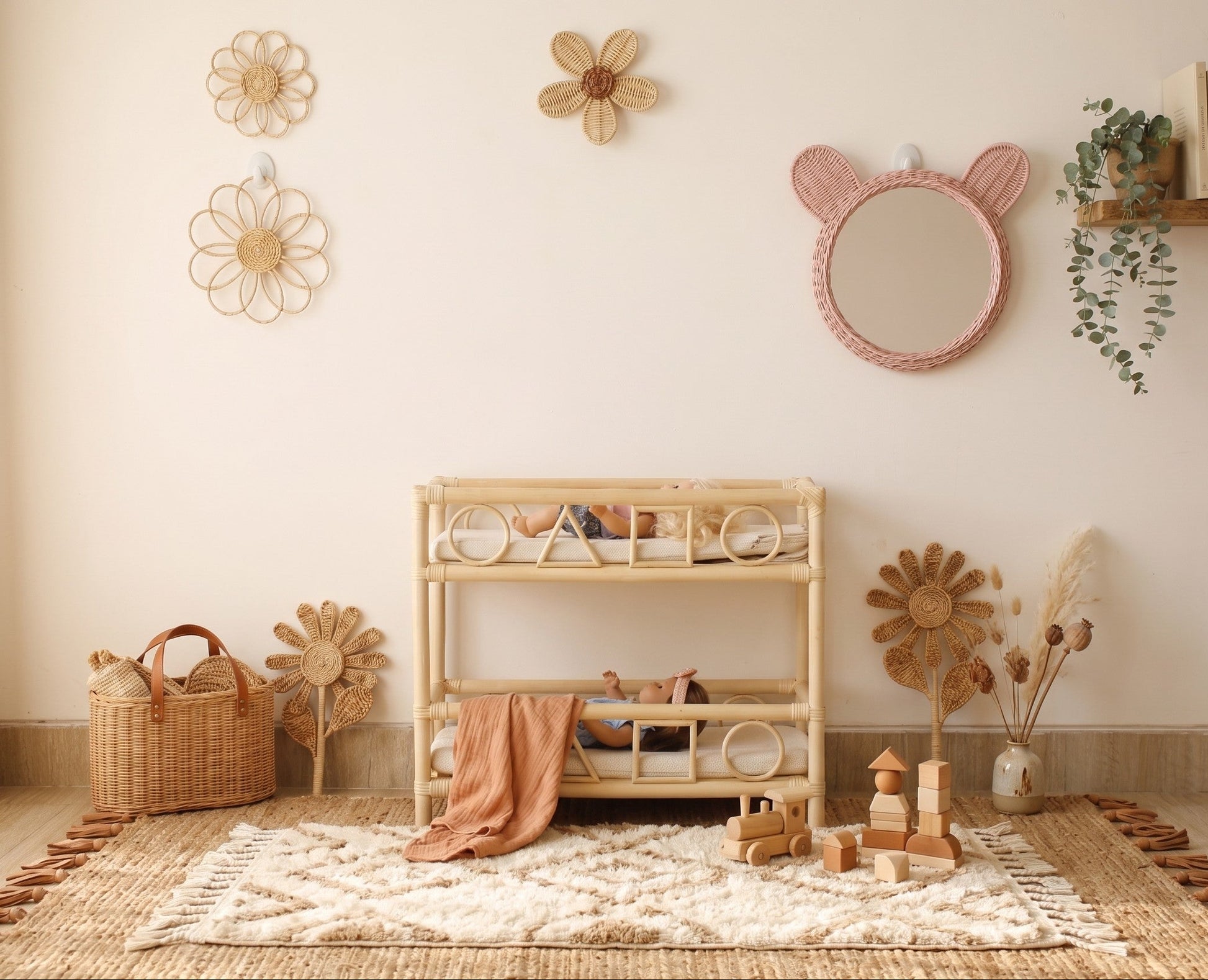 Children's room with wooden shelf, decorative mirror, and toys on a light-colored floor.