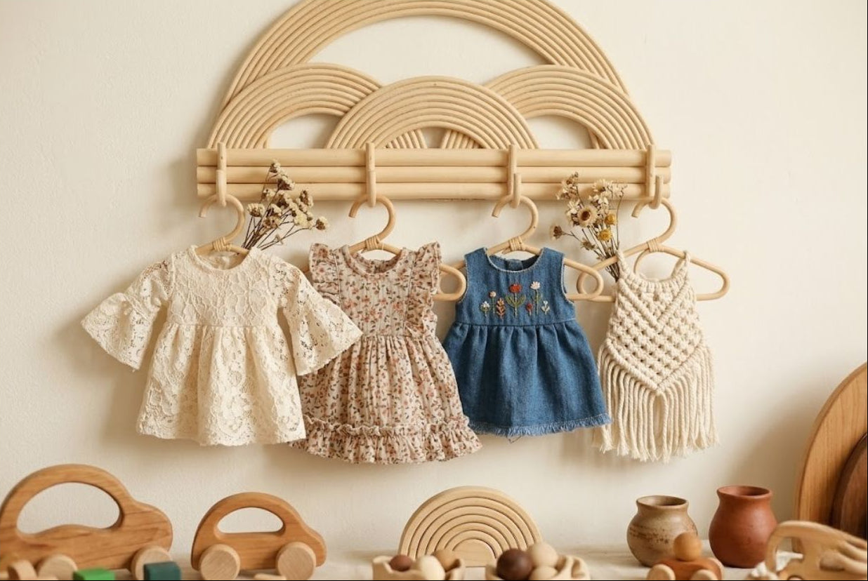 Three children's dresses hanging on a macrame wall hook with wooden toys below.