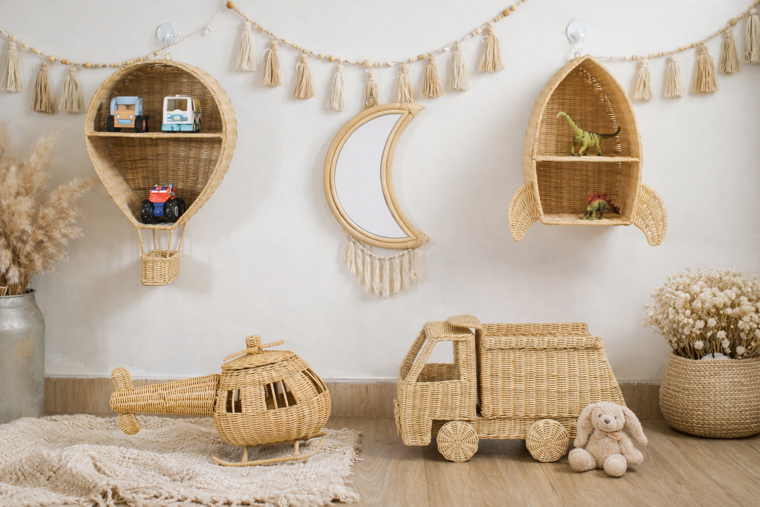 Nursery room with wicker toys and shelves against a white wall.