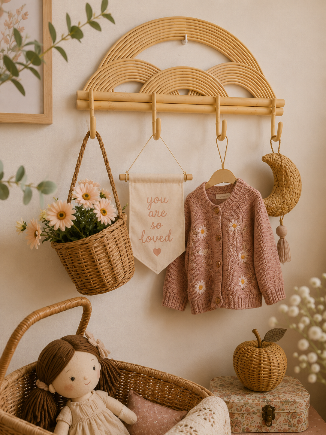 Decorative wall with wicker basket, doll, and knitted cardigan on a neutral background