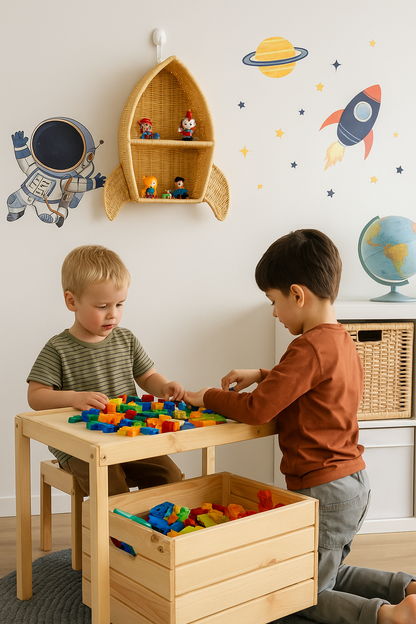 Two boys sitting at a wooden table playing with lego blocks. On the wall is astronaut themed wall-paper with a rocket-ship wall shelf to hold toys