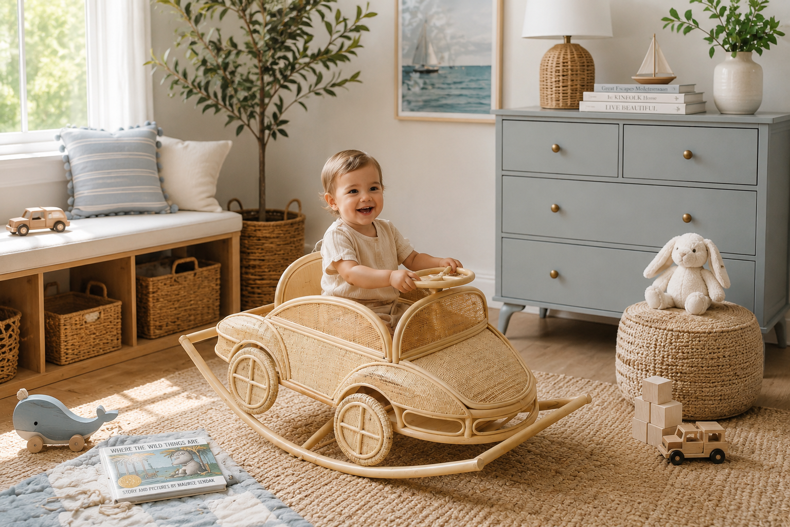 Child playing with a wicker rocking car in a cozy living room.