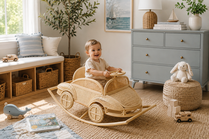 Child playing with a wicker rocking car in a cozy living room.