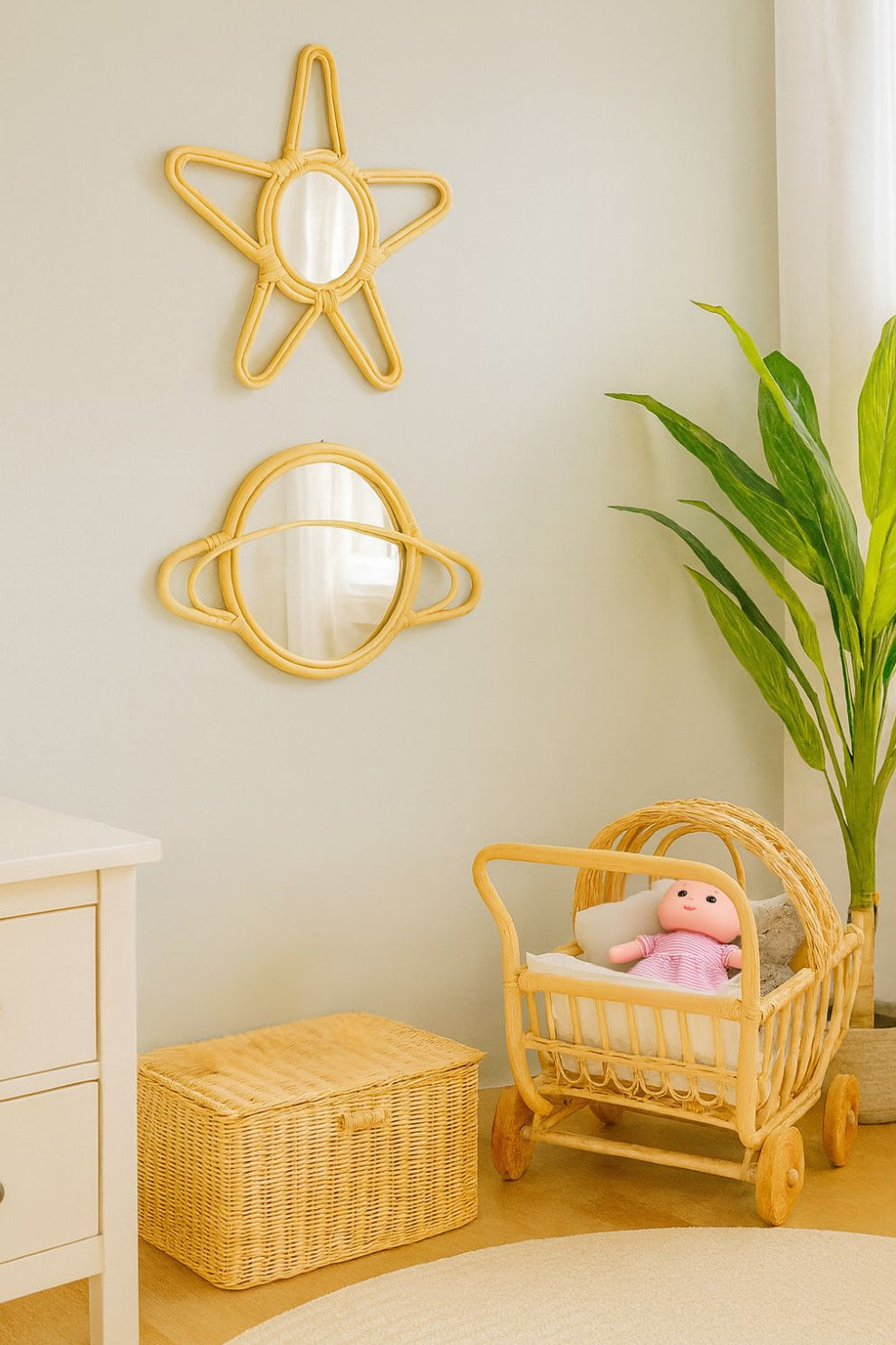 Rattan Star Wall Mirror – Boho & Space Kids Room Decor - Celestial