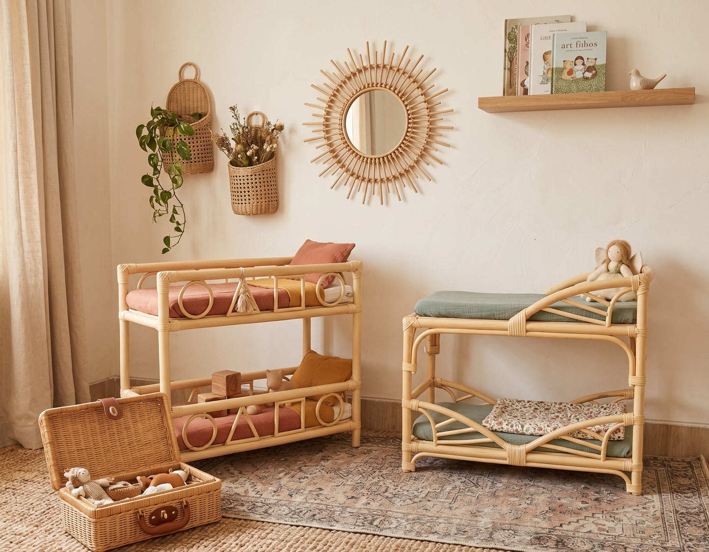 Nursery room with wooden crib, changing table, and decorative items.