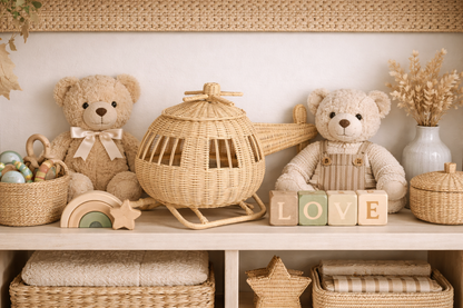 Rattan Toy Helicopter – Handcrafted Boho Pretend Play Toy for Kids | Montessori Airplane Nursery Decor