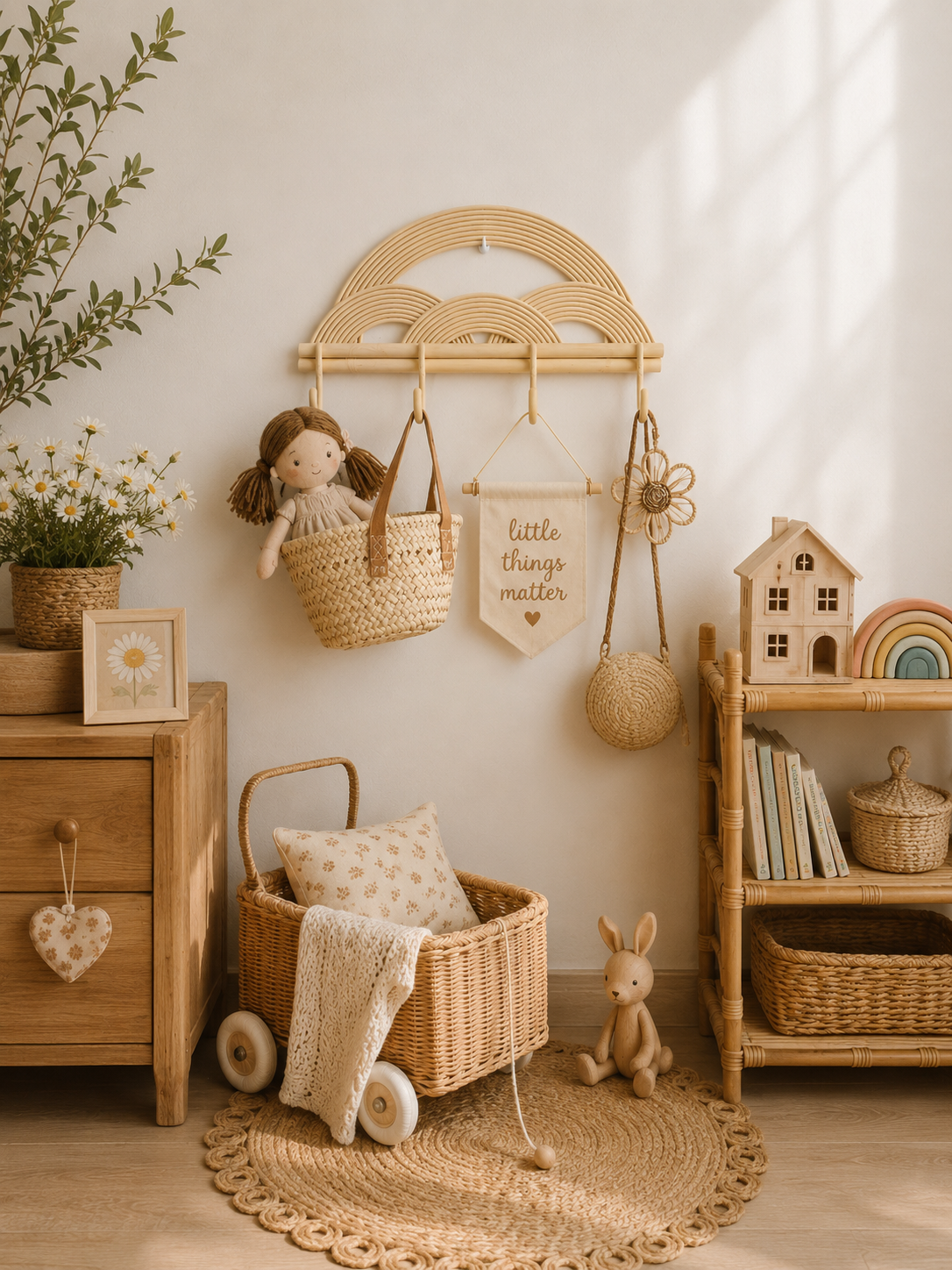 Nursery room with wooden furniture, wicker baskets, and decorative items.