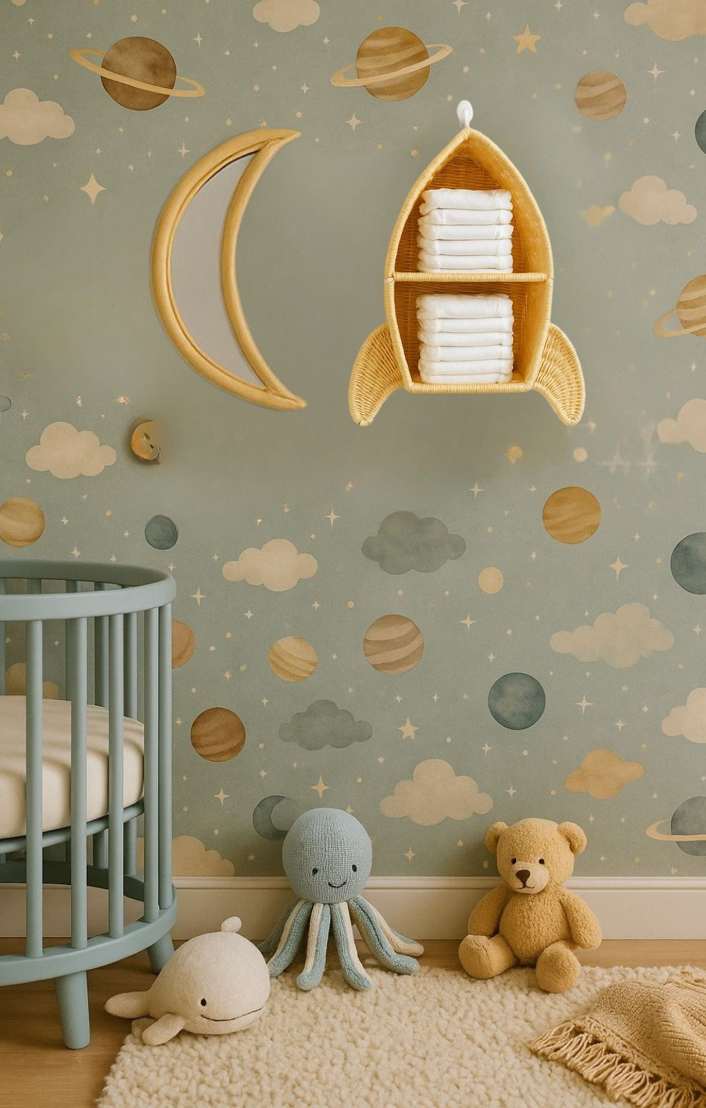 Nursery room with space-themed wallpaper, crib, toys, and decorative elements. Stuffy on the floor. 