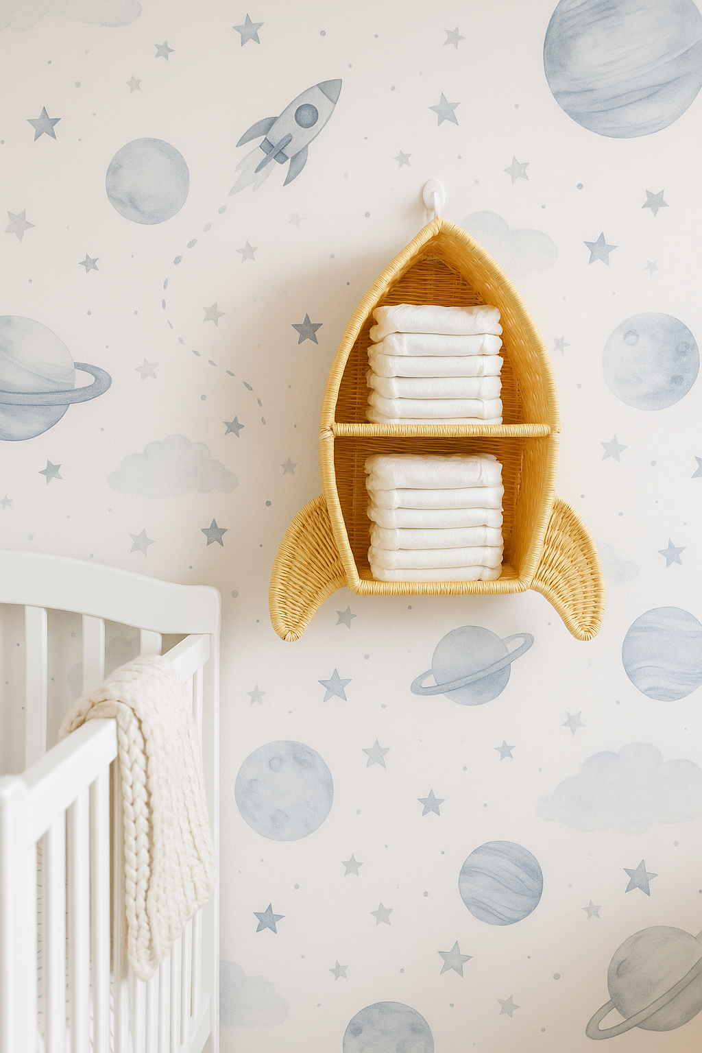 Woven rocket-shaped shelves with folded towels against a space-themed wallpaper in a nursery.