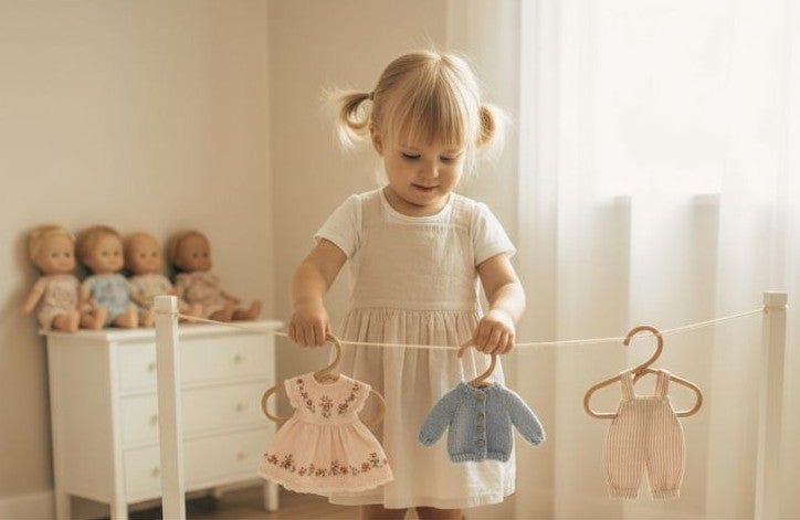 A girl hanging doll dresses on coat hangers, Ideas for dolls clothes. 