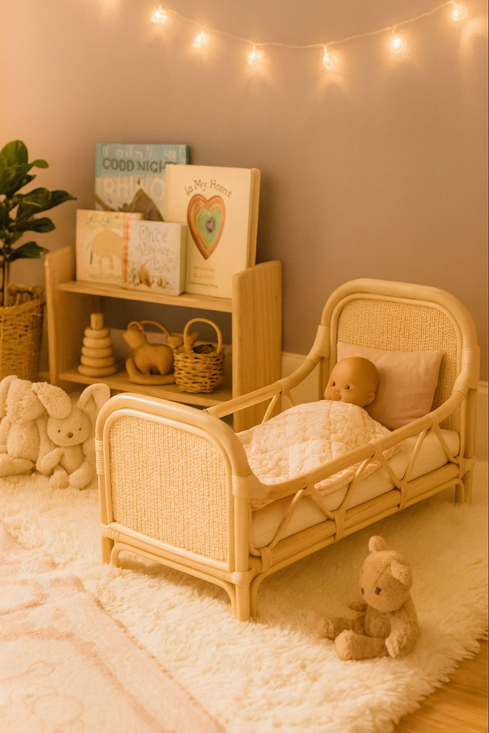 Children's room with a wicker bed, toys, and string lights. A pretty doll lays in a doll accessory bed with a mattress. Bunny rabbits and toys sit on the floor. 