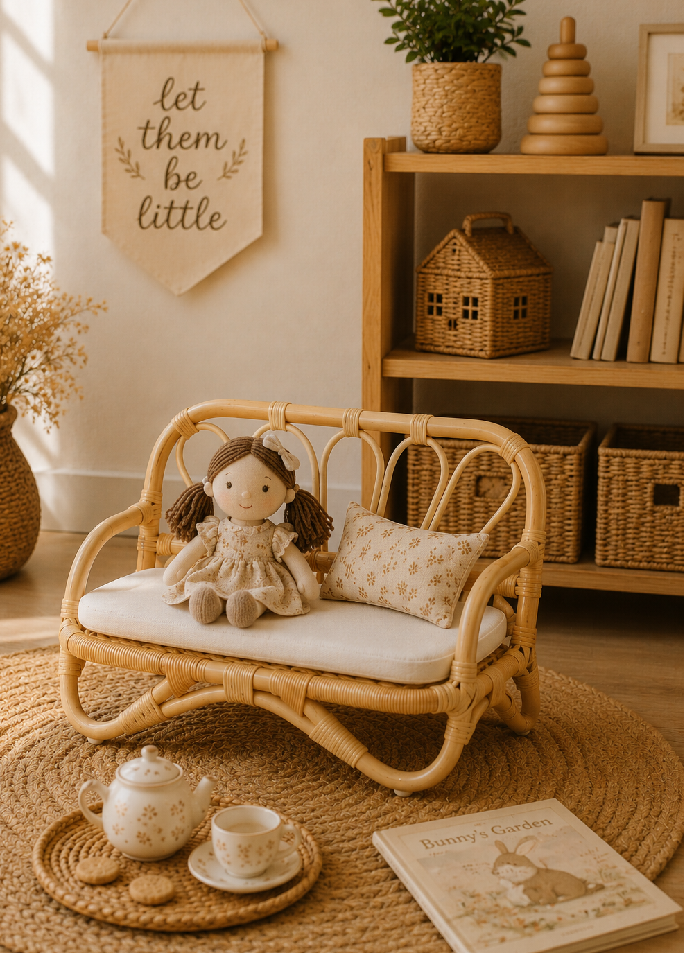 Children's room with wicker chair, doll, and decorative items.