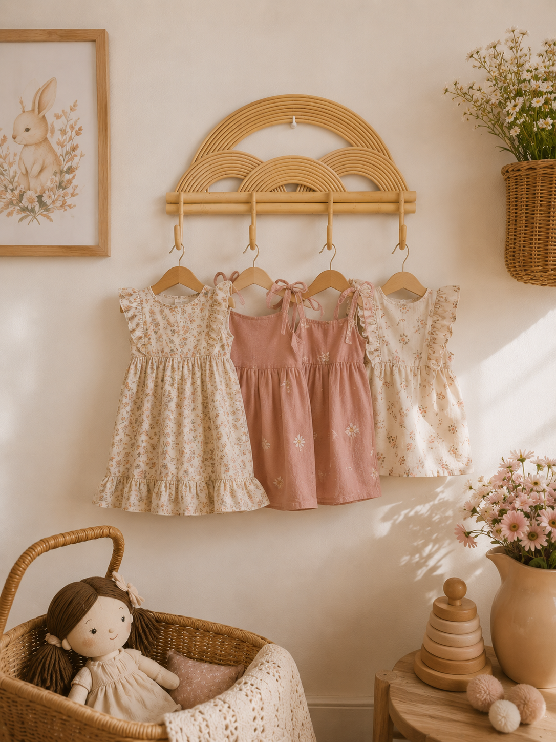 Nursery room with hanging dresses, a doll, and decorative elements.