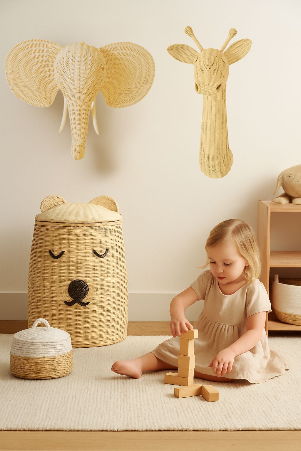 Child playing with wooden toys in a room with woven animal head decorations on the wall.