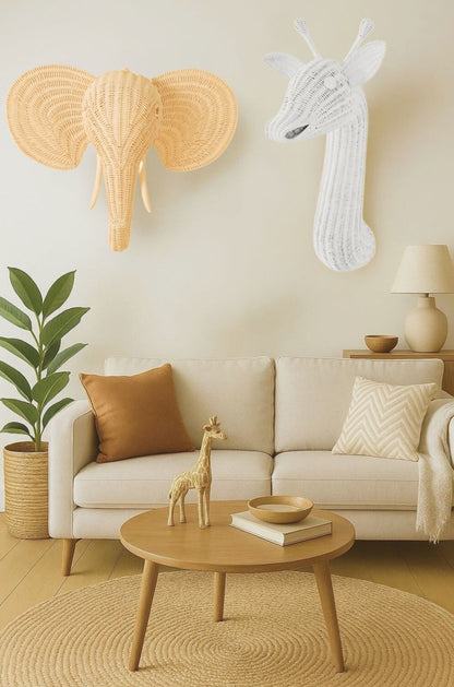 Rattan Elephant Wall Decor – Safari Nursery Wall Art | Boho Kids Room Animal Head | Handmade Natural Rattan Décor