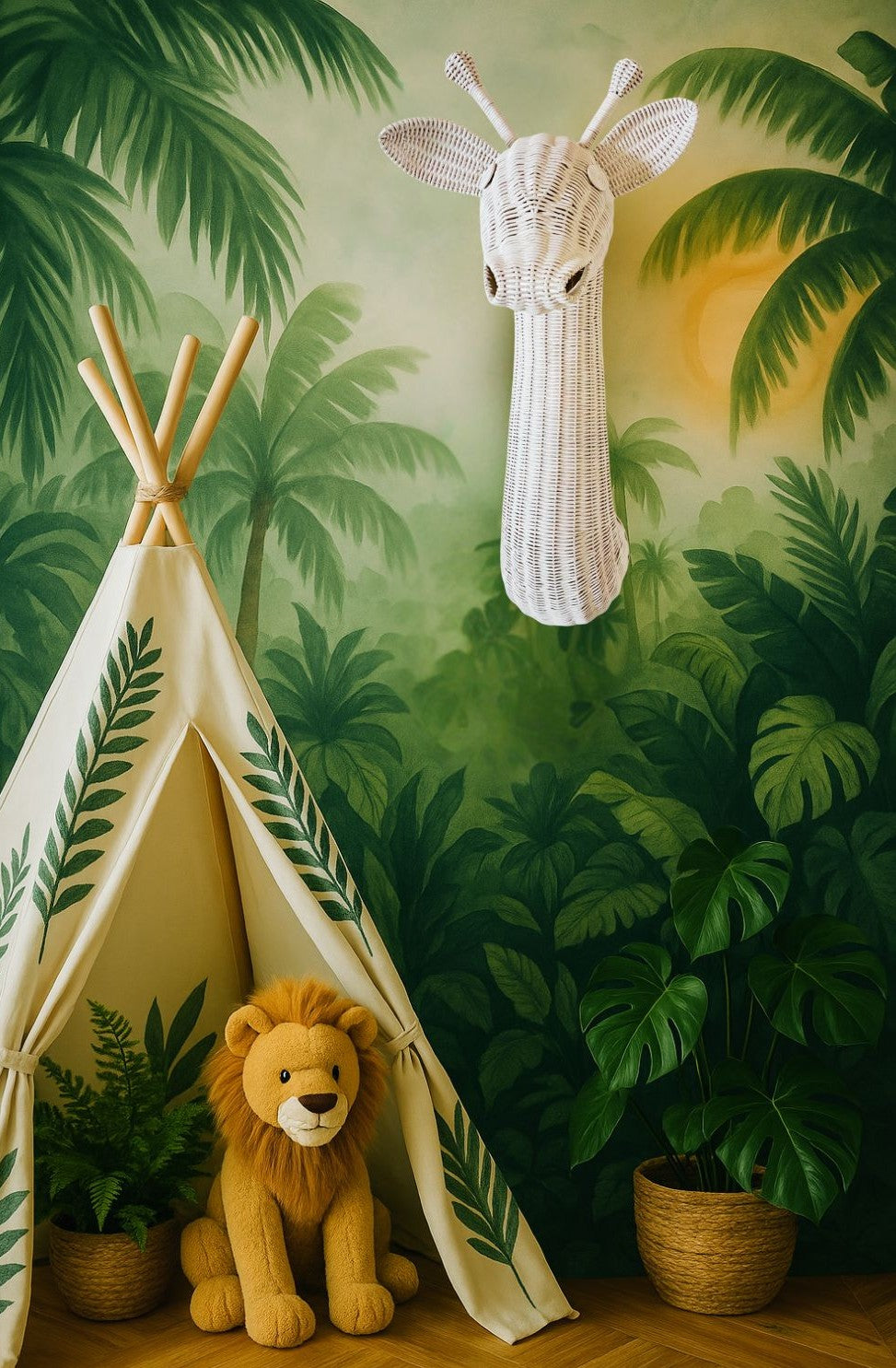 Children's room with a teepee, stuffed lion, and giraffe head on a wall with a jungle-themed wallpaper.