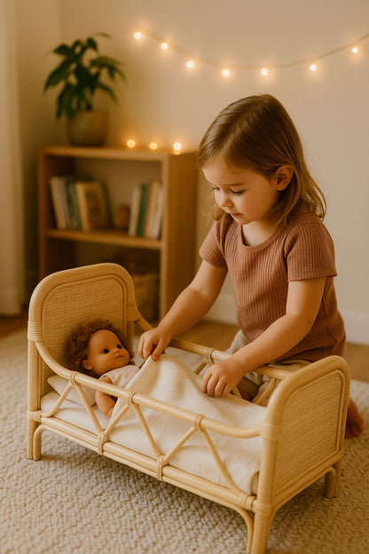 Child playing with a doll in a small bed in a cozy room with string lights. She puts a blanket on her doll. Cotton clothes. Imaginative play