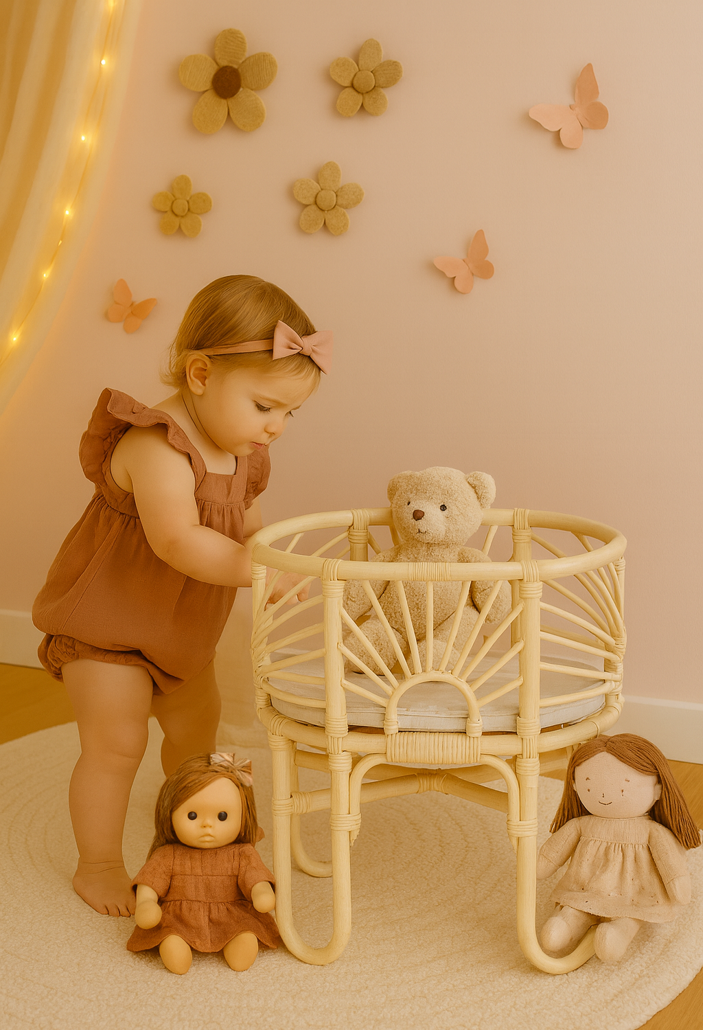 Child playing with a teddy bear in a small crib surrounded by dolls in a softly lit room. Dolls sit on the floor with butterflies on the wall and flowers. 
