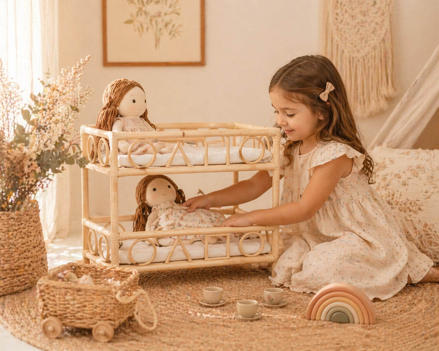 Young girl playing with dolls in a small crib in a cozy room.