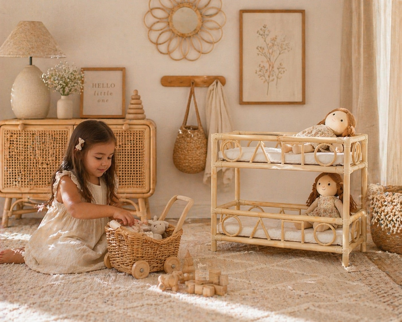 Child playing with toys in a cozy room with wooden furniture and decor.