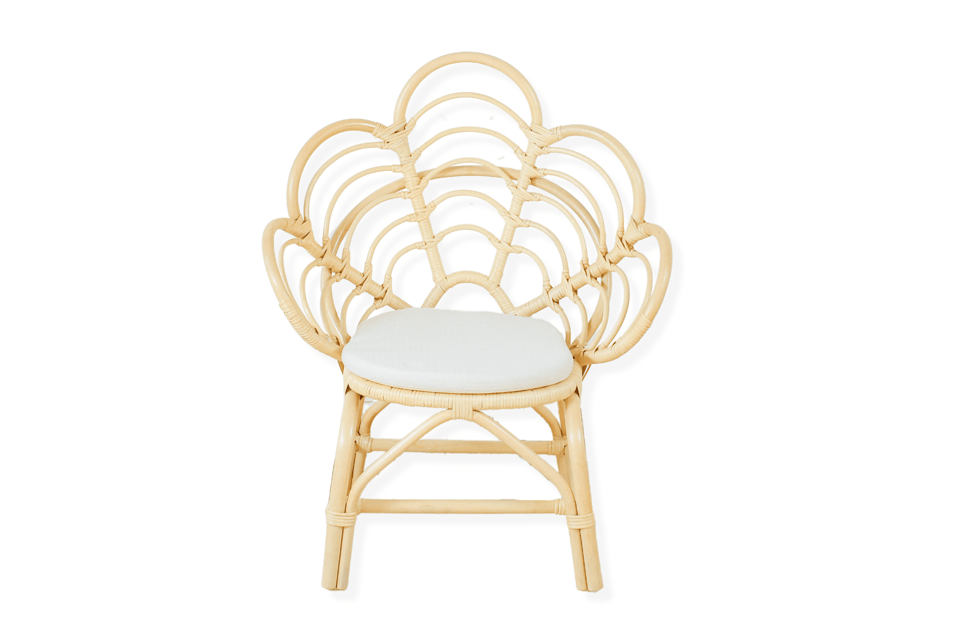A decorative rattan chair with a petal pattern design, featuring a natural color finish and a white seat cushion.