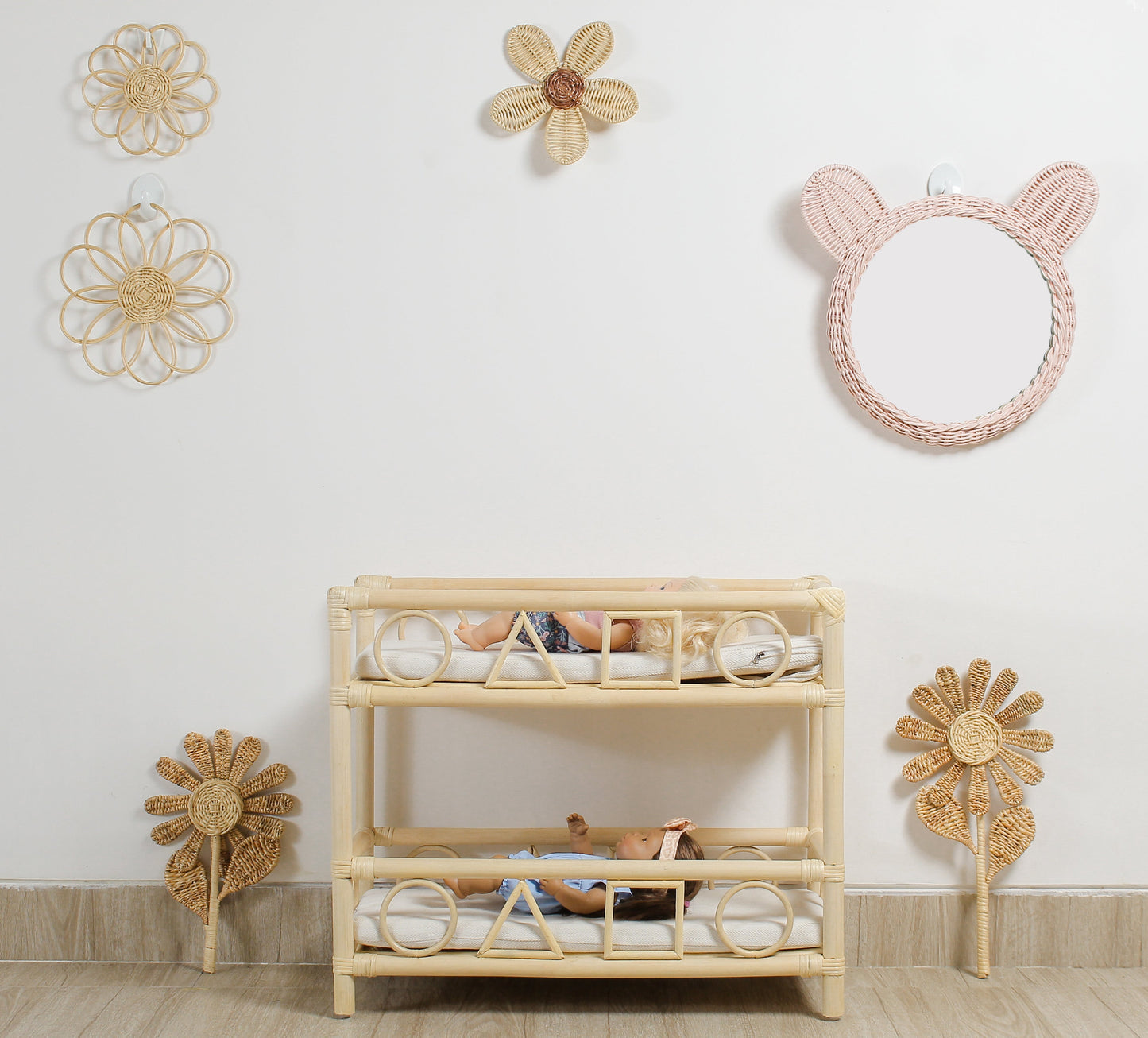 Wooden changing table with decorative elements in a nursery setting