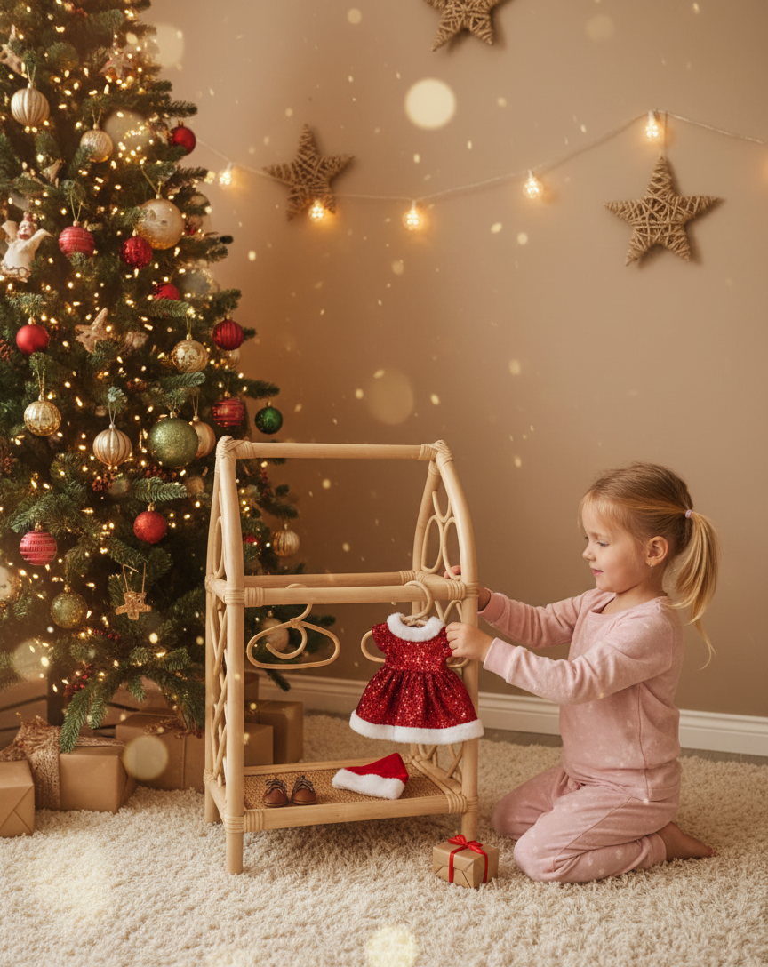 Child playing with a dollhouse and doll near a decorated Christmas tree.