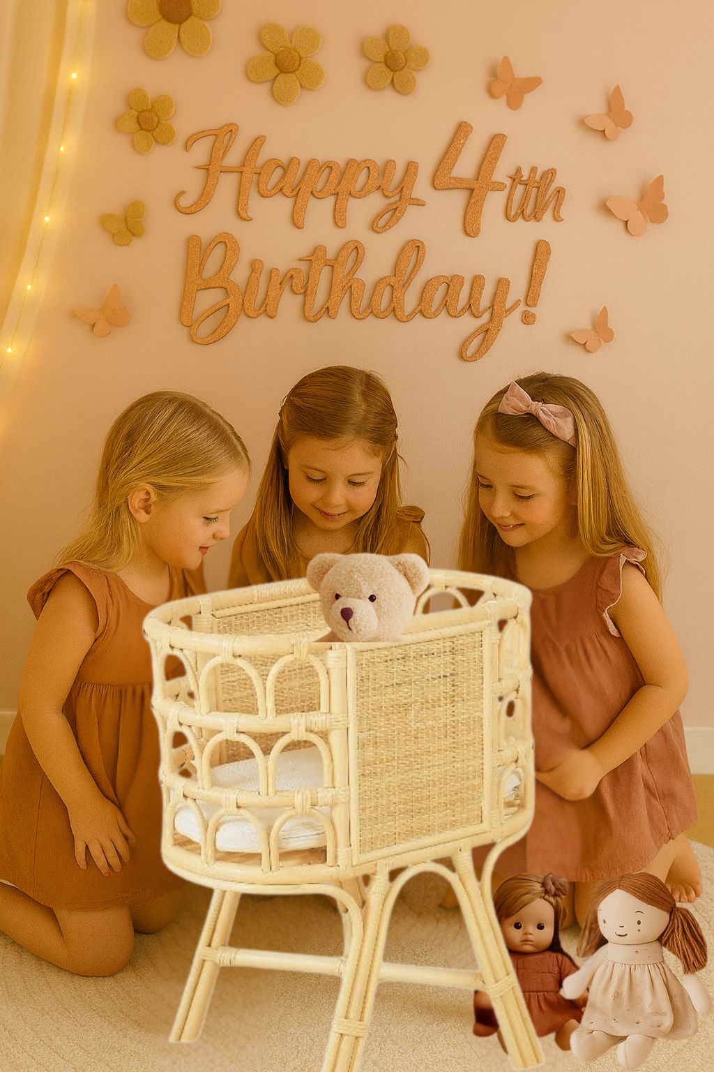 A teddy bear sits in a rattan made dolls bassinet or a dolls crib or a doll bed. Three girls dressed in pretty dresses look at it with two dolls also sitting on the ground. 
