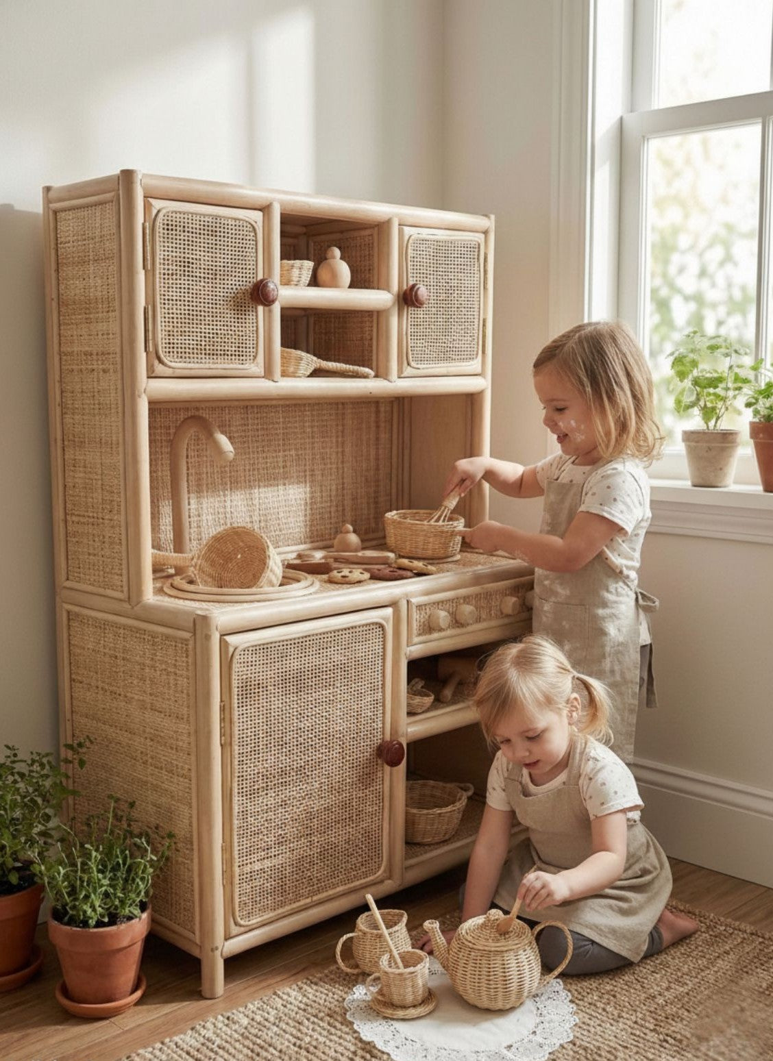 Two children playing with a wooden play kitchen set in a bright room.