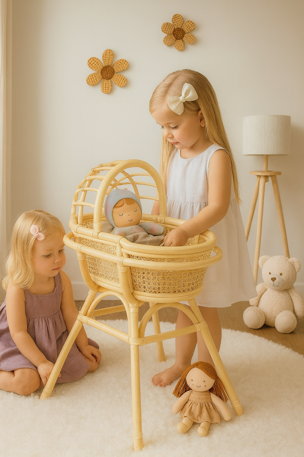 boho theme with two girls dressed in cotton clothing playing with a doll in a wooden toy bassinet