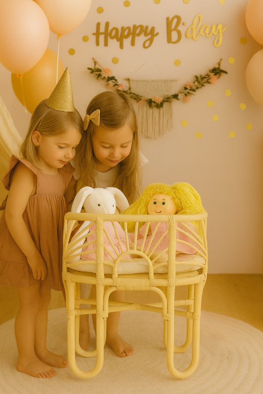 A girl had her birthday party and admires her present. She was given a doll and a toy bunny rabbit. She admires them in the hand-made rattan doll bed. 