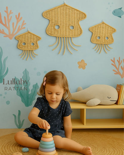Child playing with wooden toys against a wall with decorative elements and 'Lullaby Rattan' branding.