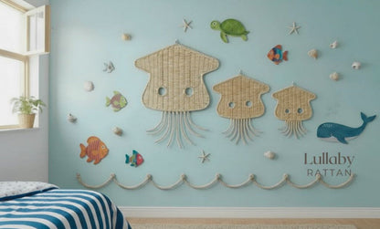 Set of rattan jellyfish wall hangings styled in an ocean-theme nursery; boho coastal kids room decor, natural wicker, easy to hang.