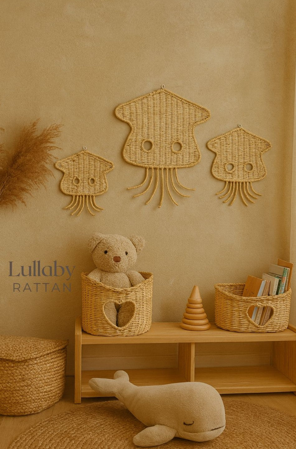 Handmade rattan jellyfish wall decor on aqua kids room wall; boho coastal nursery wall art; eco-friendly wicker hanging for playroom or beach house.