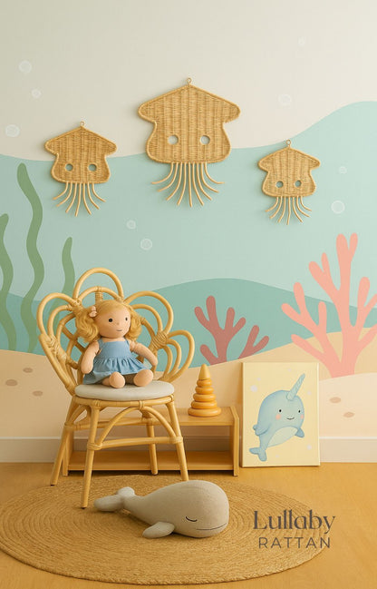 Children's room with rattan furniture, toys, and wall decorations.