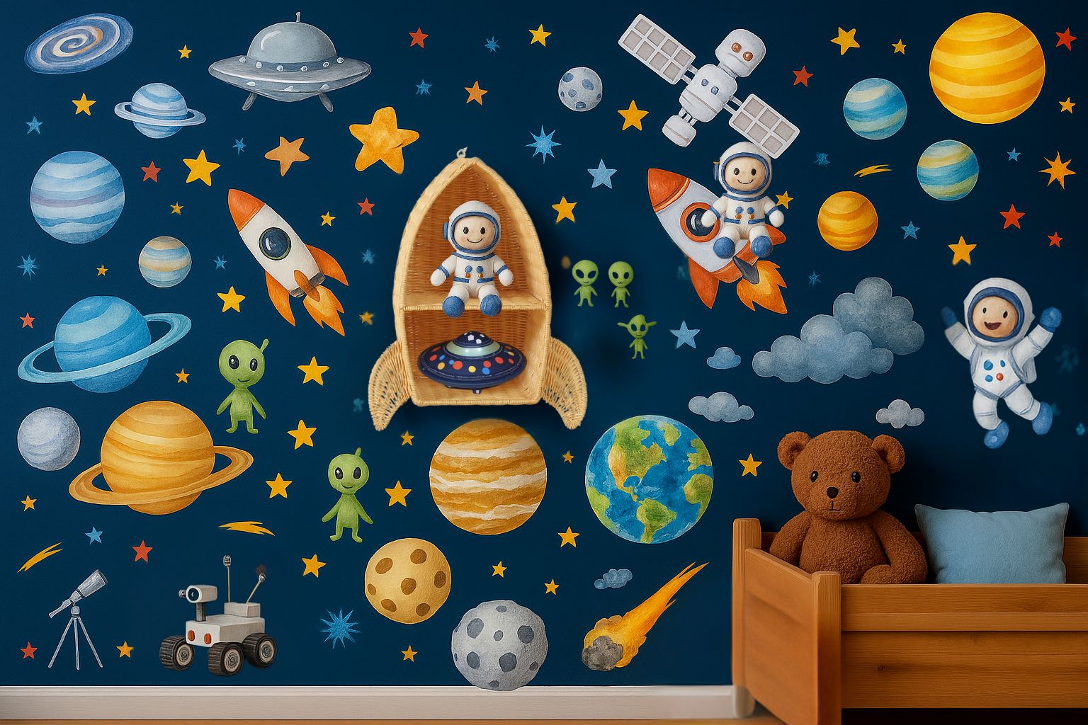 Children's room with space-themed wall mural featuring planets, astronauts, and teddy bear.
