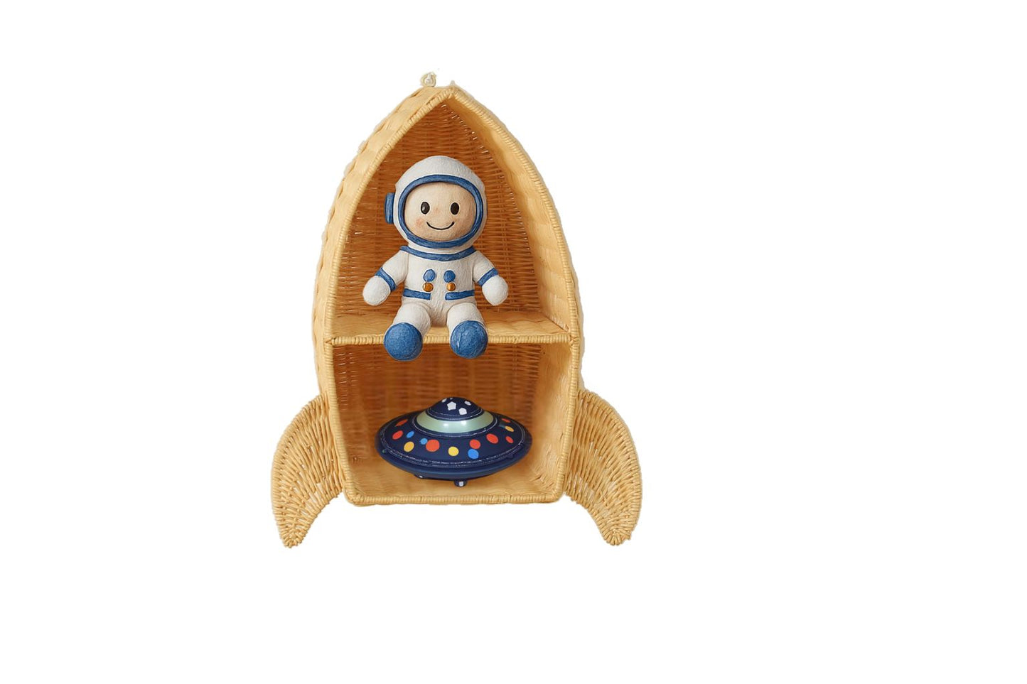 astronaut toy and flying saucer toy sitting on a kids rocket ship themed wall shelf