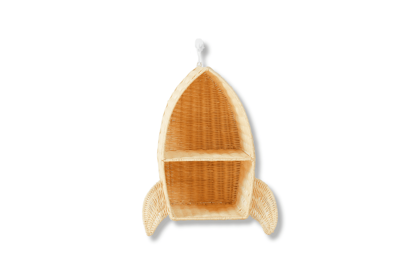 rattan rocket ship shelf for use in boys space themed room or kids celestial playroom