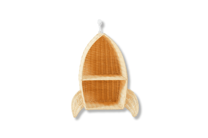 rattan rocket ship shelf for use in boys space themed room or kids celestial playroom