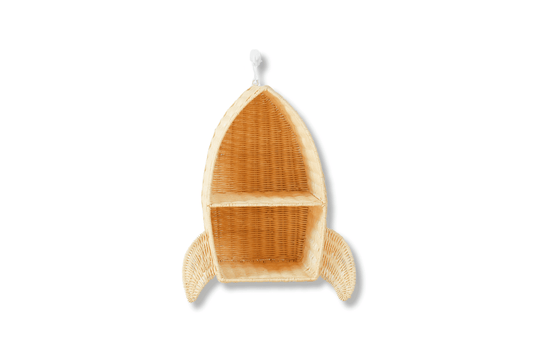 rattan rocket ship shelf for use in boys space themed room or kids celestial playroom