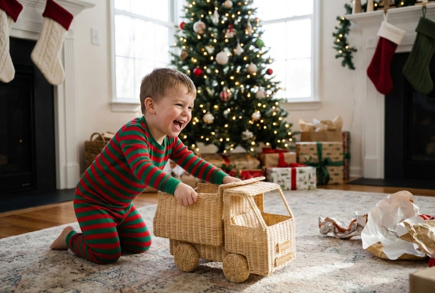Child playing with a toy truck in a festive living room with Christmas decorations. Kids xmas present ideas. Boys birthday ideas. 