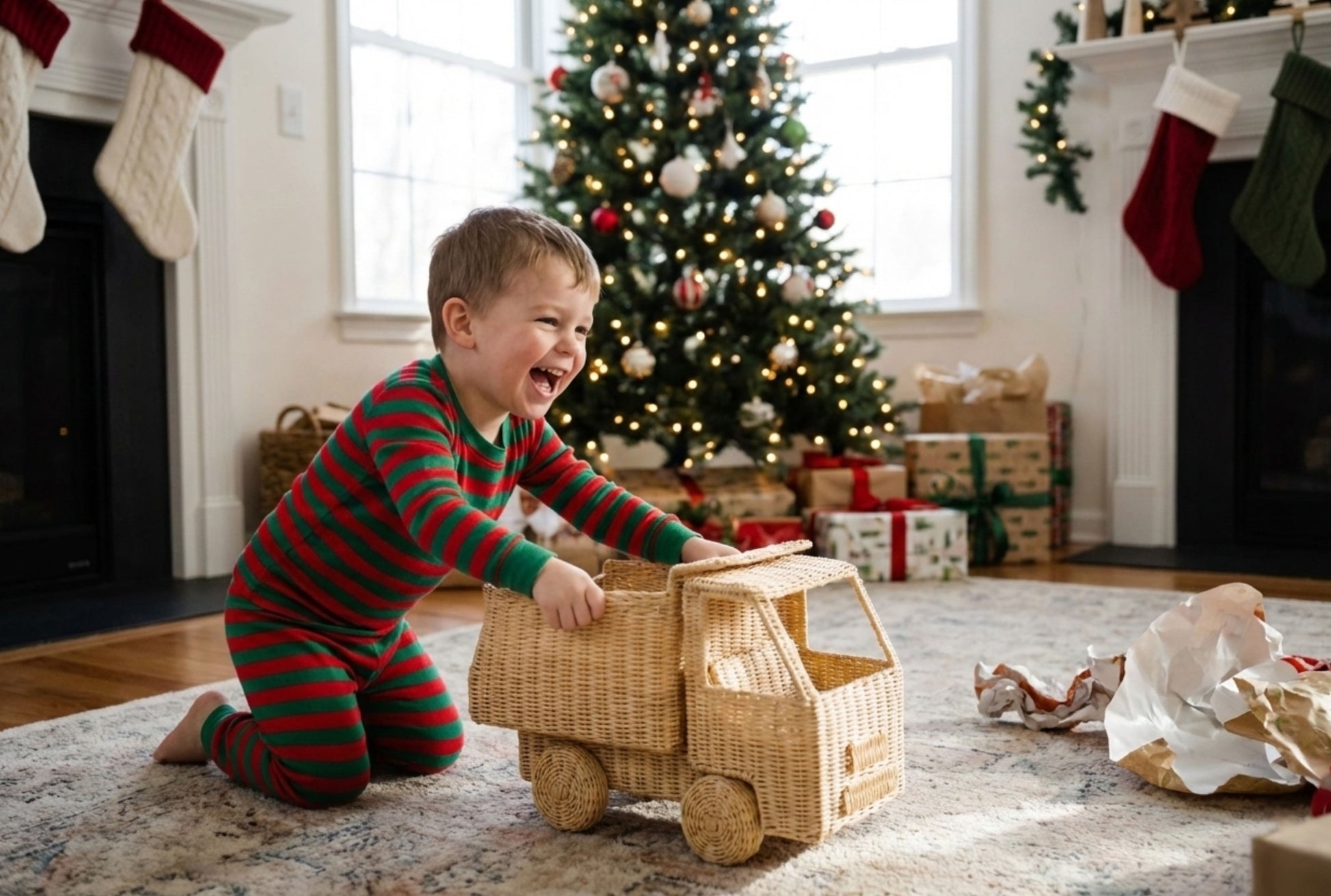 Child playing with a toy truck in a festive living room with Christmas decorations. Kids xmas present ideas. Boys birthday ideas. 